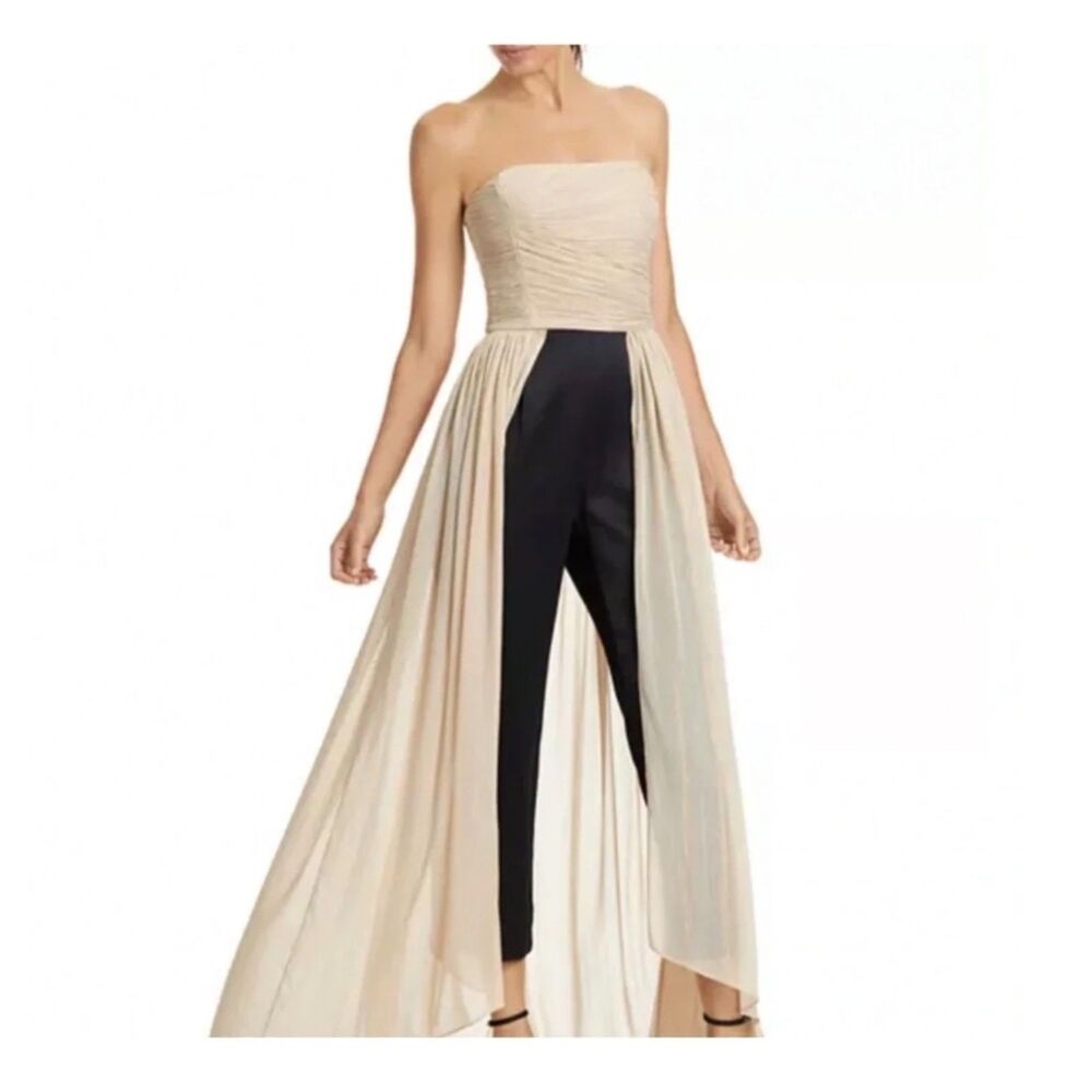 Halston Heritage Two-Tone Pleated Overlay Strapless Evening Jumpsuit Skirt Sz 10